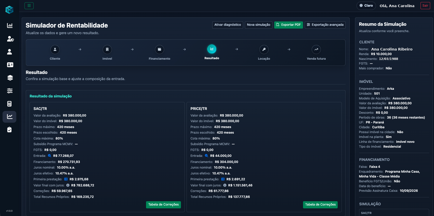 Simulador de Rentabilidade do Kubo: comparativo entre SAC/TR e PRICE/TR com entrada, financiamento, juros, prestação e total de recursos próprios, ao lado do resumo da simulação.